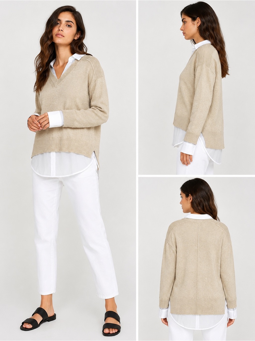 Brochu Walker The Looker Layered V-Neck Wool Cashmere Dune Sand Sweater size XS